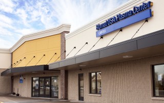 Front awning of Biomat USA plasma donation center in Fairless Hills, PA